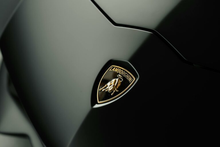Detailed close-up photo of a Lamborghini logo on a sleek black car hood, symbolizing luxury and style.